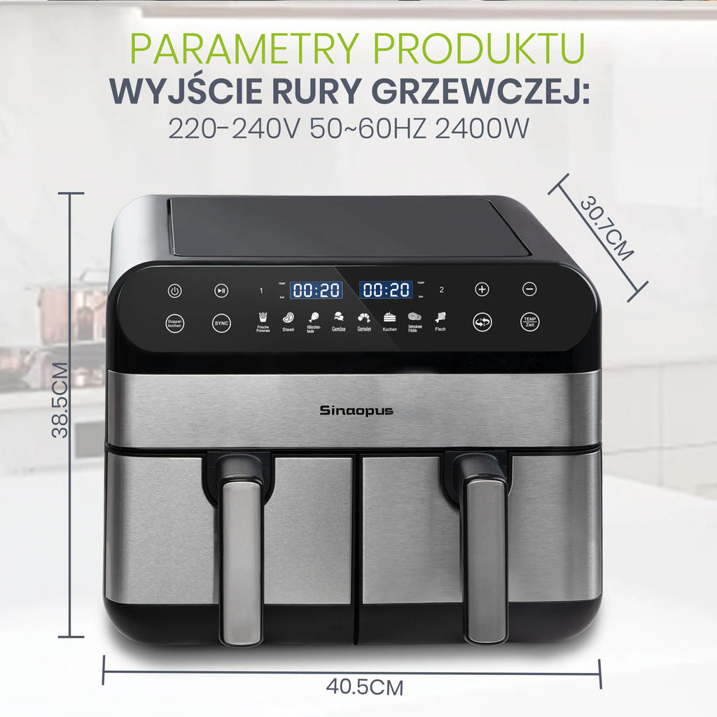 Sinaopus Air Fryer 2400W 10L XXL Dual Basket-LED Touch Screen Oil-Free Fryer, 8 Programs, Temperature Control, Oil-Free Air Oven
