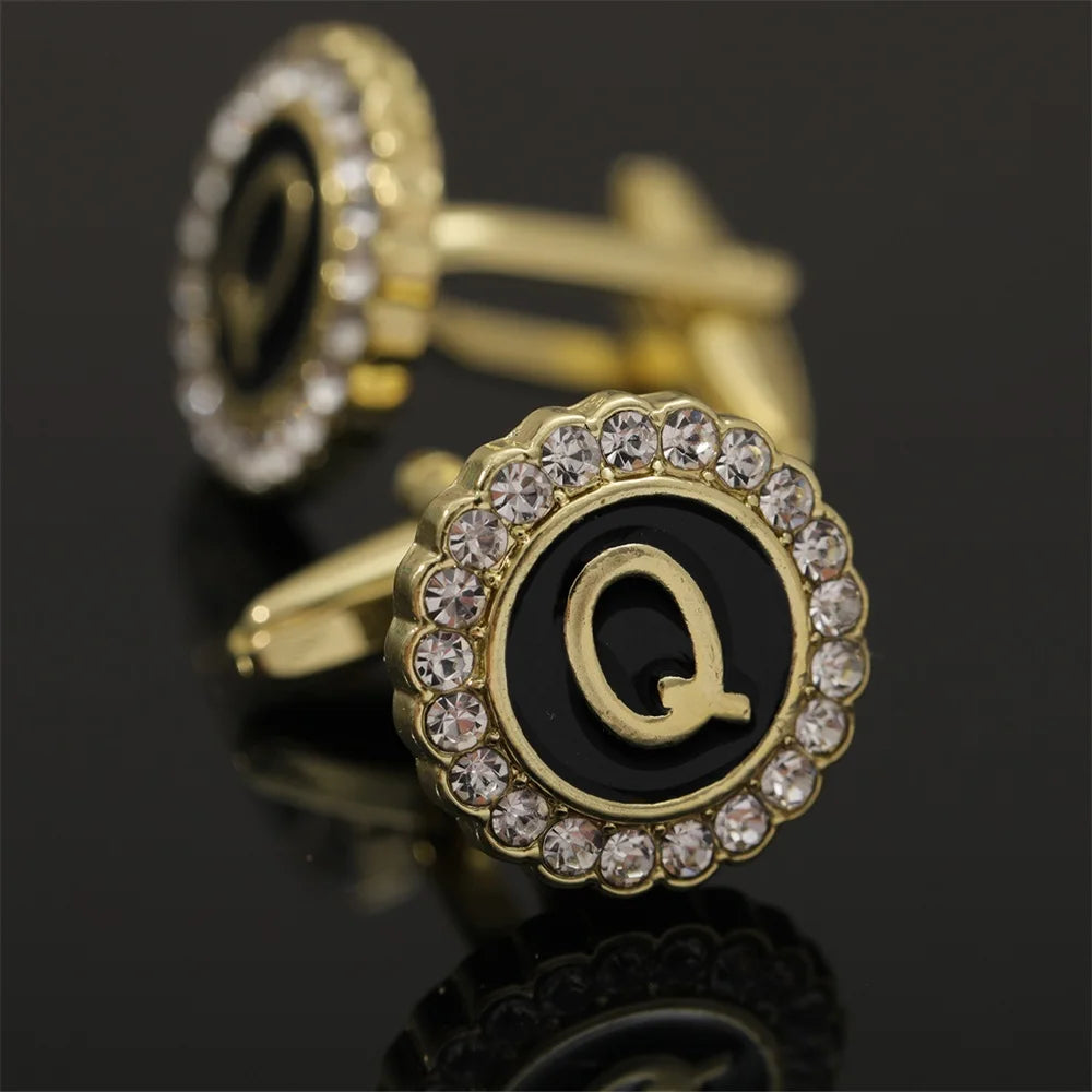 26 Initial Capital Letter A-Z Mens Cufflinks Galaxy Golden Color Gear Shape Crystal Cuff Links Formal Shirt Suit Jewelry Gift