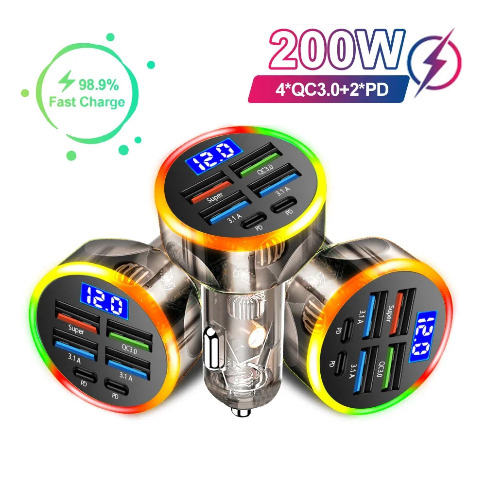 200W Car Charger QC3.0 Type-C Quick Charge Transparent Case PD