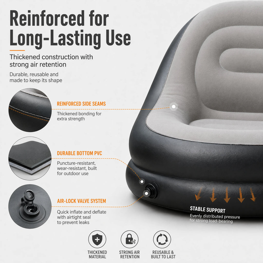 2 IN 1 Inflatable Sofa with Stool Soft Flocking Ergonomic Lounge Chair Fast Inflation Foldable Portable Waterproof PVC Sofa