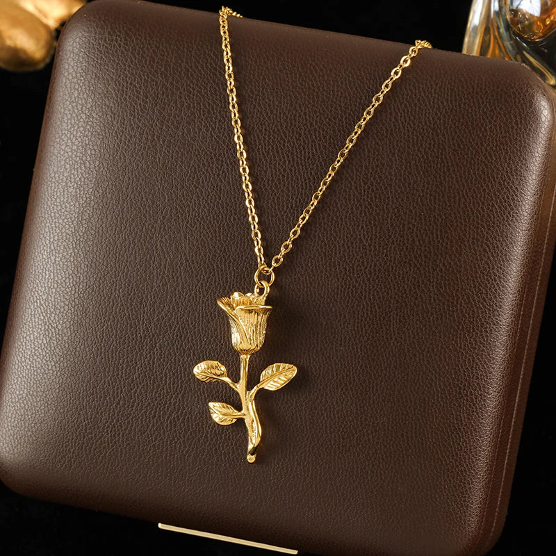 GANEMLY 316l Stainless Steel Metallic Gold Color Sun Pendant Necklace Women Chic Romantic Waterproof Neck Chain Jewelry Gift