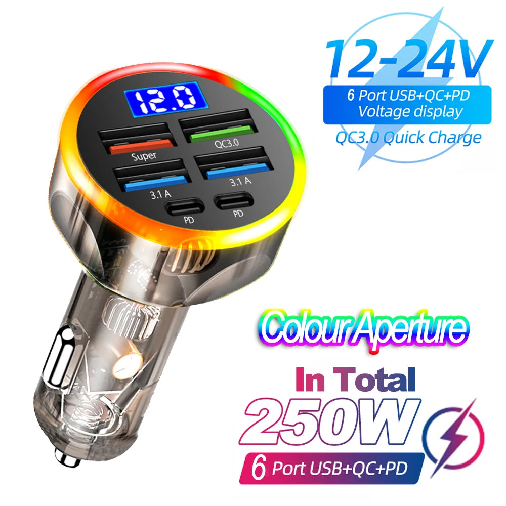 200W Car Charger QC3.0 Type-C Quick Charge Transparent Case PD