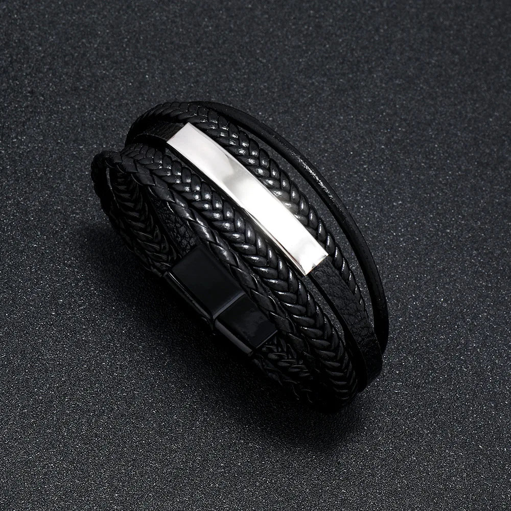 Trendy Leather Bracelets For Men Stainless Steel Bracelet 21CM Multilayer