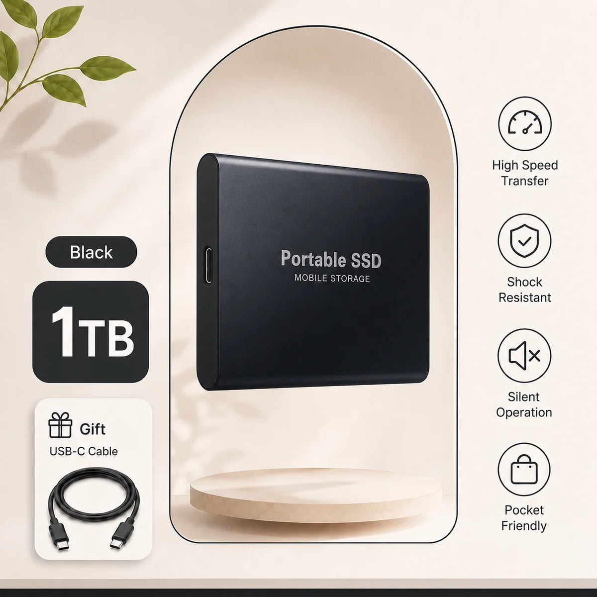 1TB 2TB Shockproof Portable External Hard Drive USB3.2 Type-C SSD