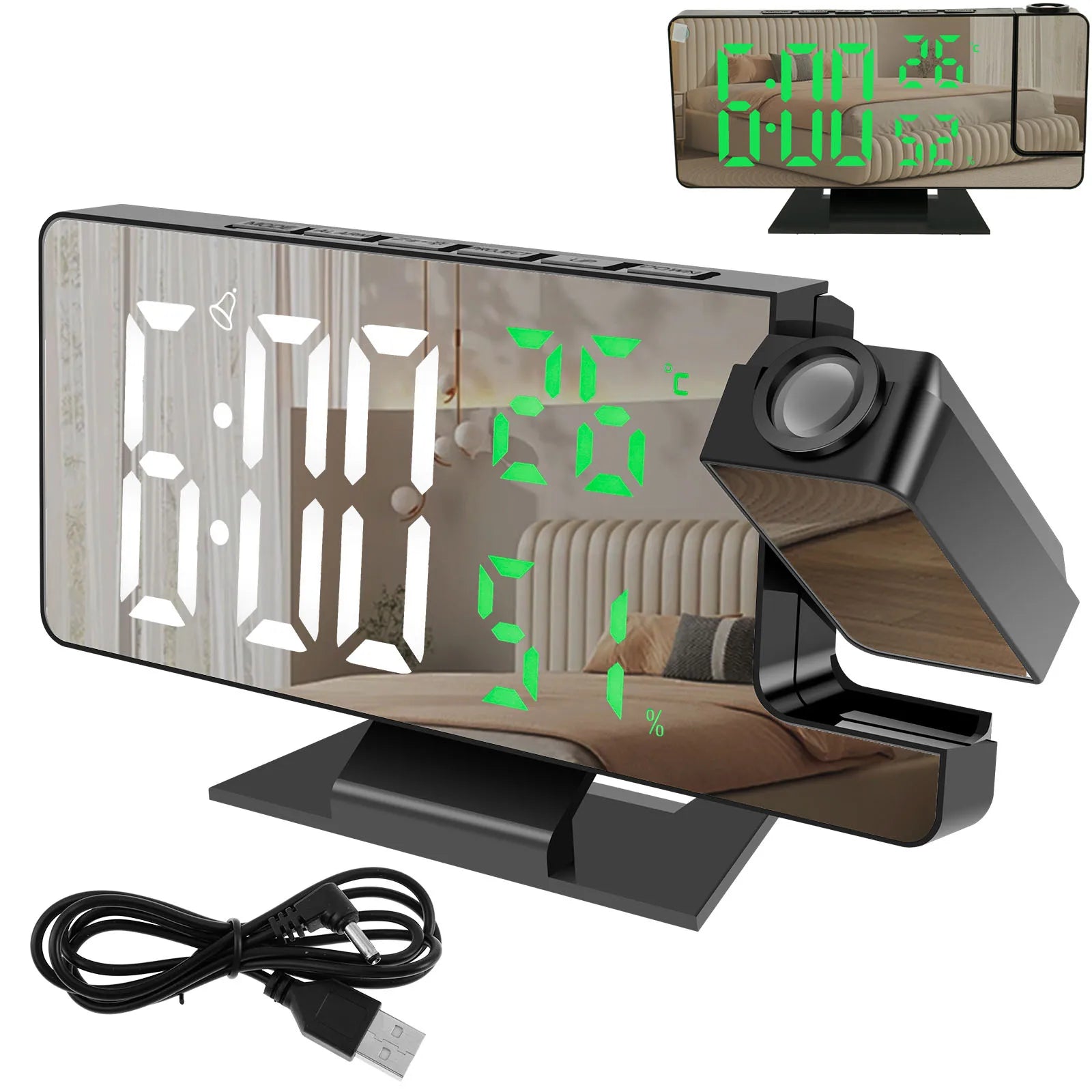 LED Digital Alarm Clock Projection Clock with 180°Rotatable Projector Mirror Large Screen Projection Clock For Home Office Table