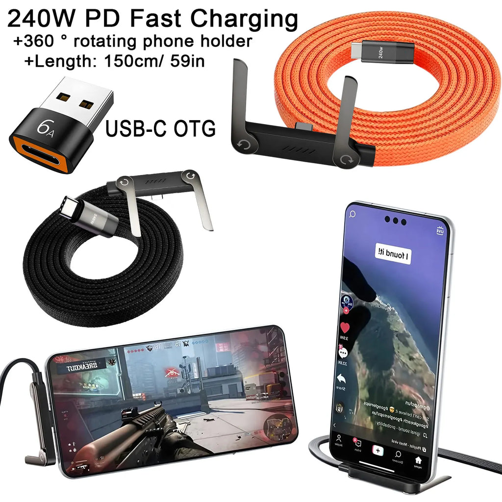 USB Type-C 240W Super Fast Charging Cable 2-in-1 Folding Holder For iPhone 15-17 Android Phone Charger Cable USB To Type-C