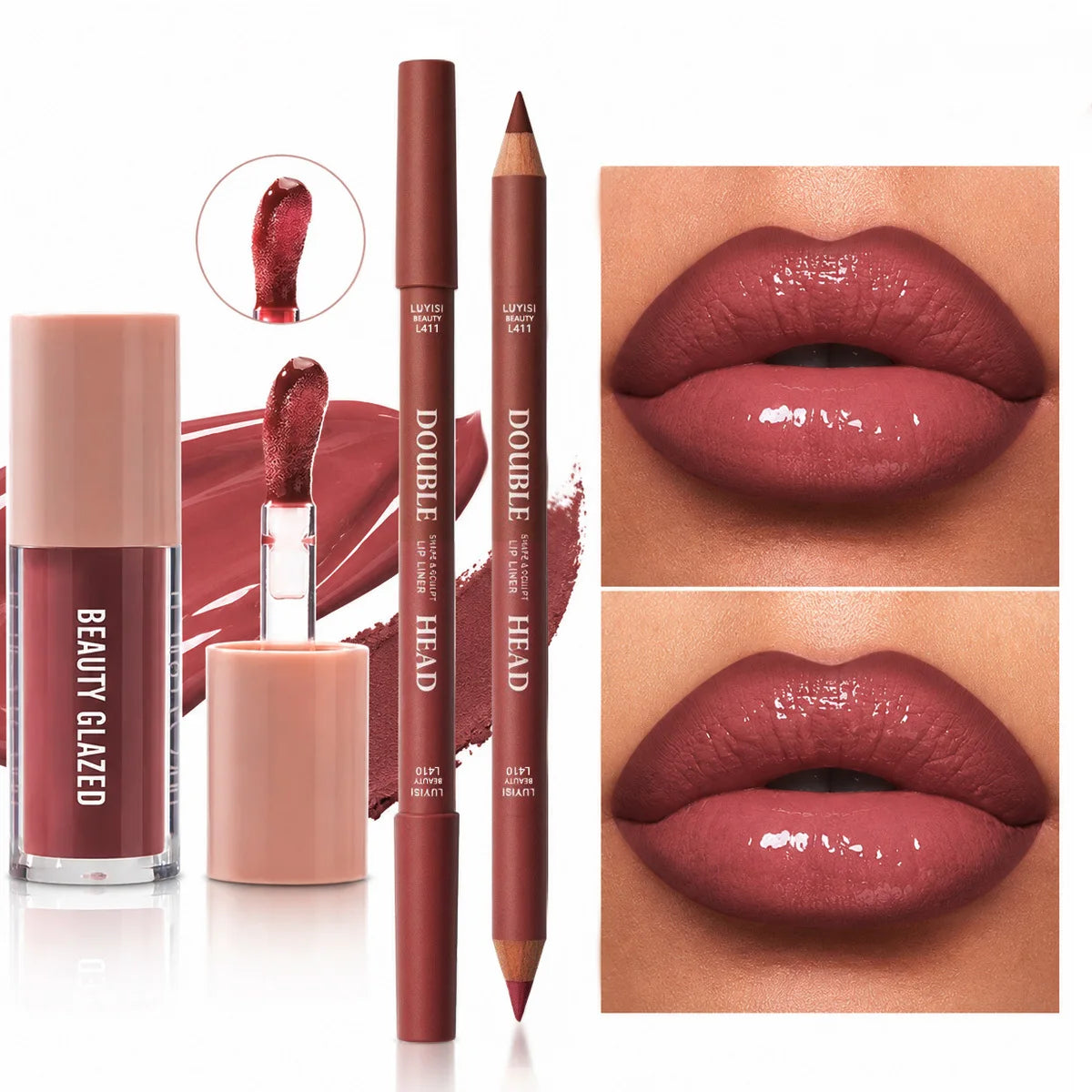 2pcs/Set Lip Makeup Set,1pc Matte Dual-Color Lip Liner+1pc Moisturizing Lip Gloss