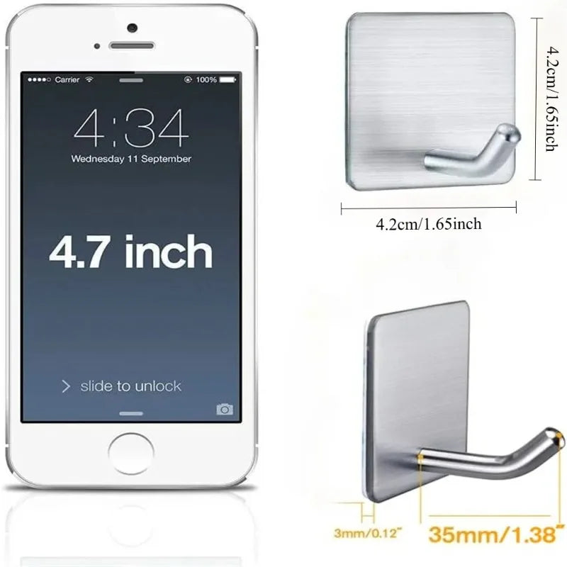 4Pcs No Drill Stainless Steel Self Adhesive Wall Hooks Heavy Duty Bathroom Kitchen Towel Storage Hanger