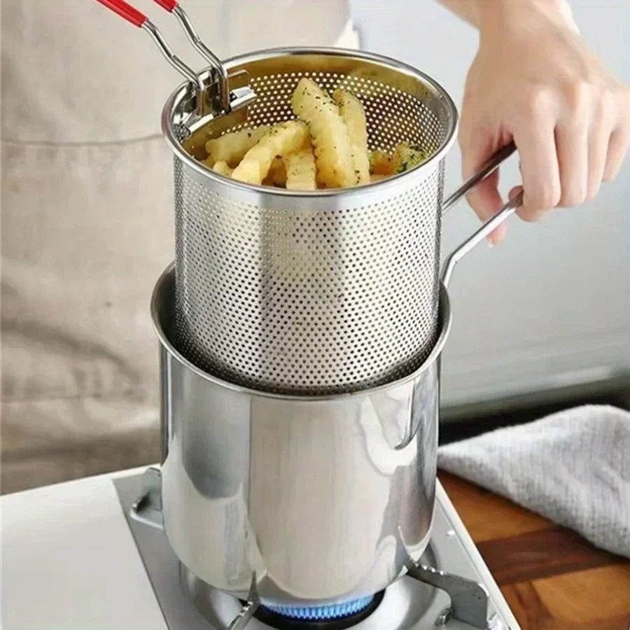 stainless steel fryer with French fries and chicken wings,Tianfu Luo pot household small oil pot with filter screen
