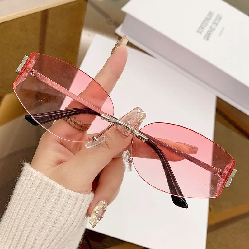 Rimless Oval Sunglasses Women UV400 Oversized Gradient