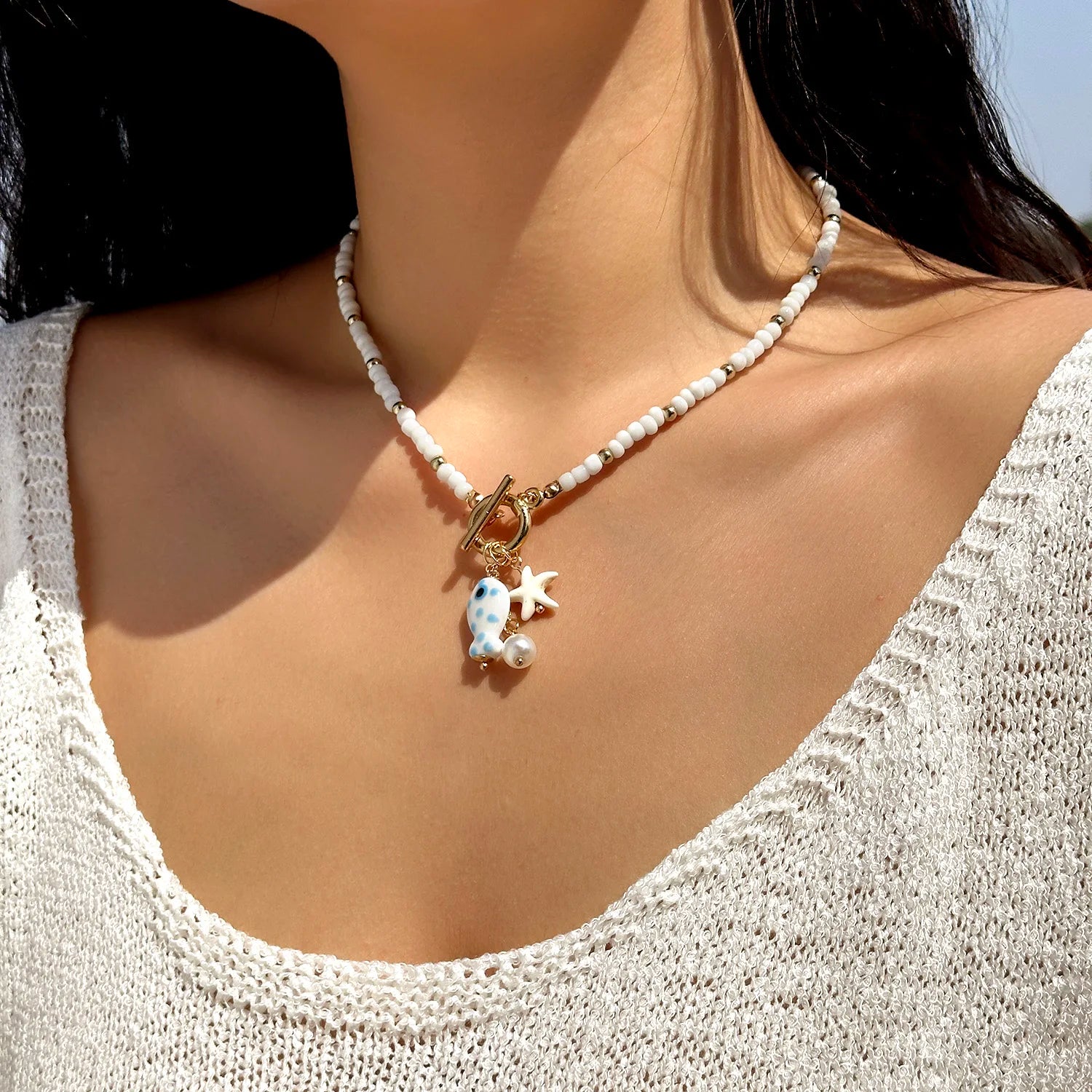 Bohemian Starfish Conch Pendant Necklace with OT Buckle Colorful Rice Beads Ceramic Fish Choker Necklace Beach Vacation Jewelry