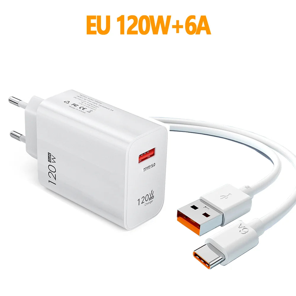 120W USB Fast Charging Charger Type C Cable Quick Charge Phone Adapter for Xiaomi 14 Redmi Oneplus Huawei Samsung Wall Charger