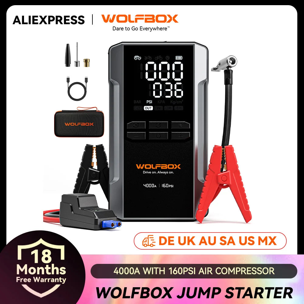 WOLFBOX 4000A Jump Starter with 160PSI Air Compressor, 12V Car Battery Booster