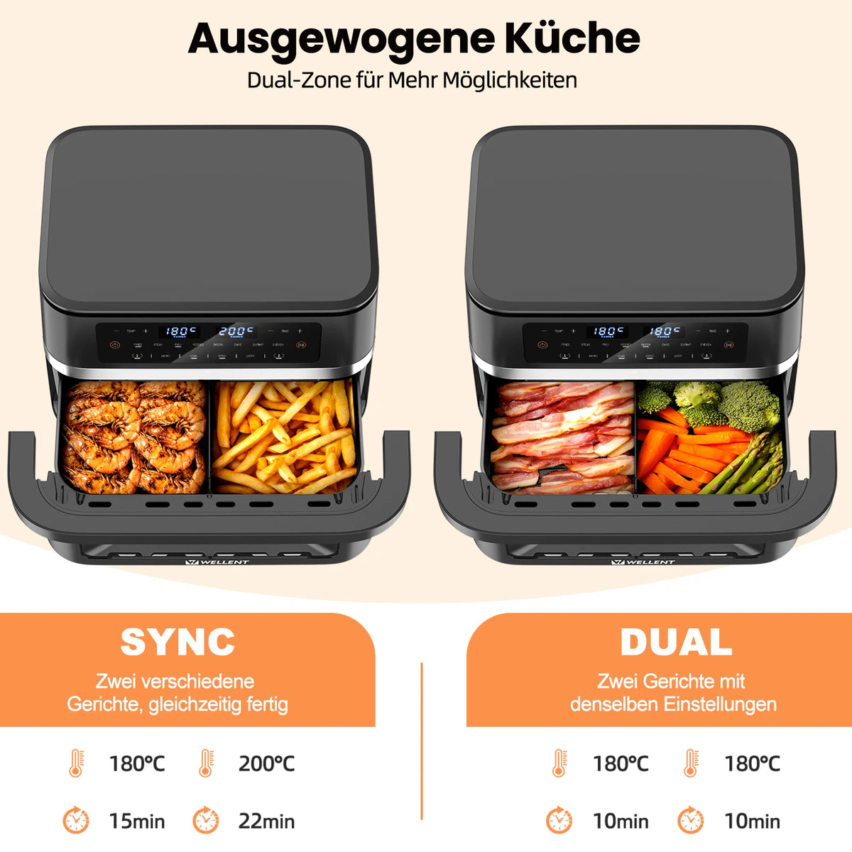 12L Hot Air Fryer Double Pot Simultaneous Cooking 2950W With LED Touch Screen