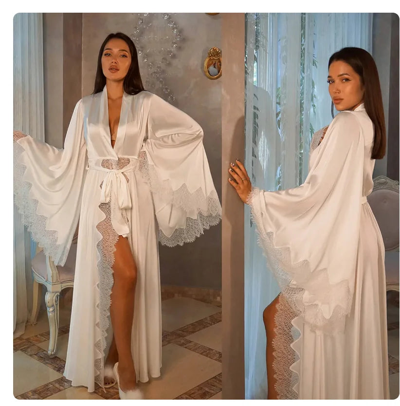 Women Robes Sleepwear Kimono Pajamas Pure Long Black Silk Satin Lace