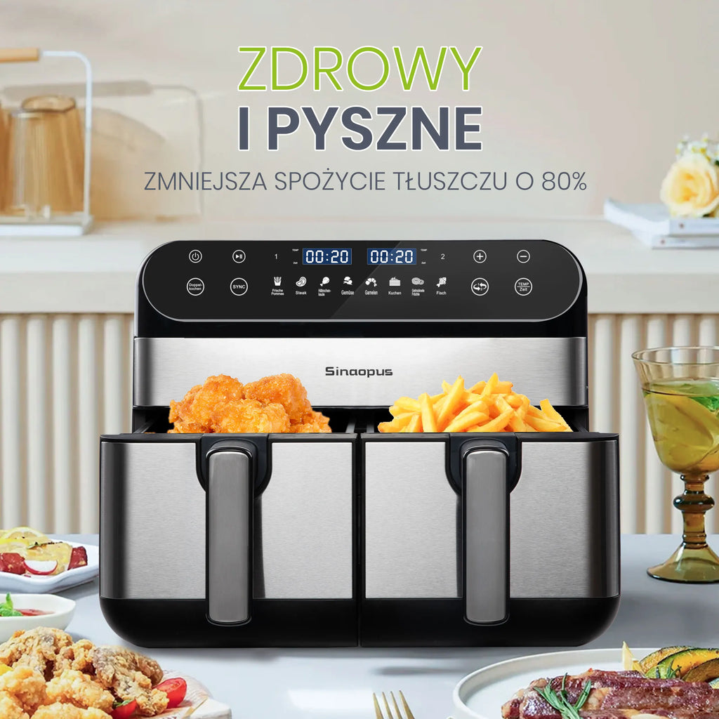 Sinaopus Air Fryer 2400W 10L XXL Dual Basket-LED Touch Screen Oil-Free Fryer, 8 Programs, Temperature Control, Oil-Free Air Oven