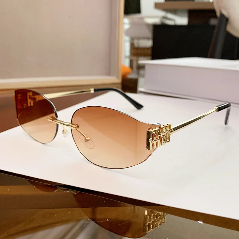 Rimless Oval Sunglasses Women UV400 Oversized Gradient