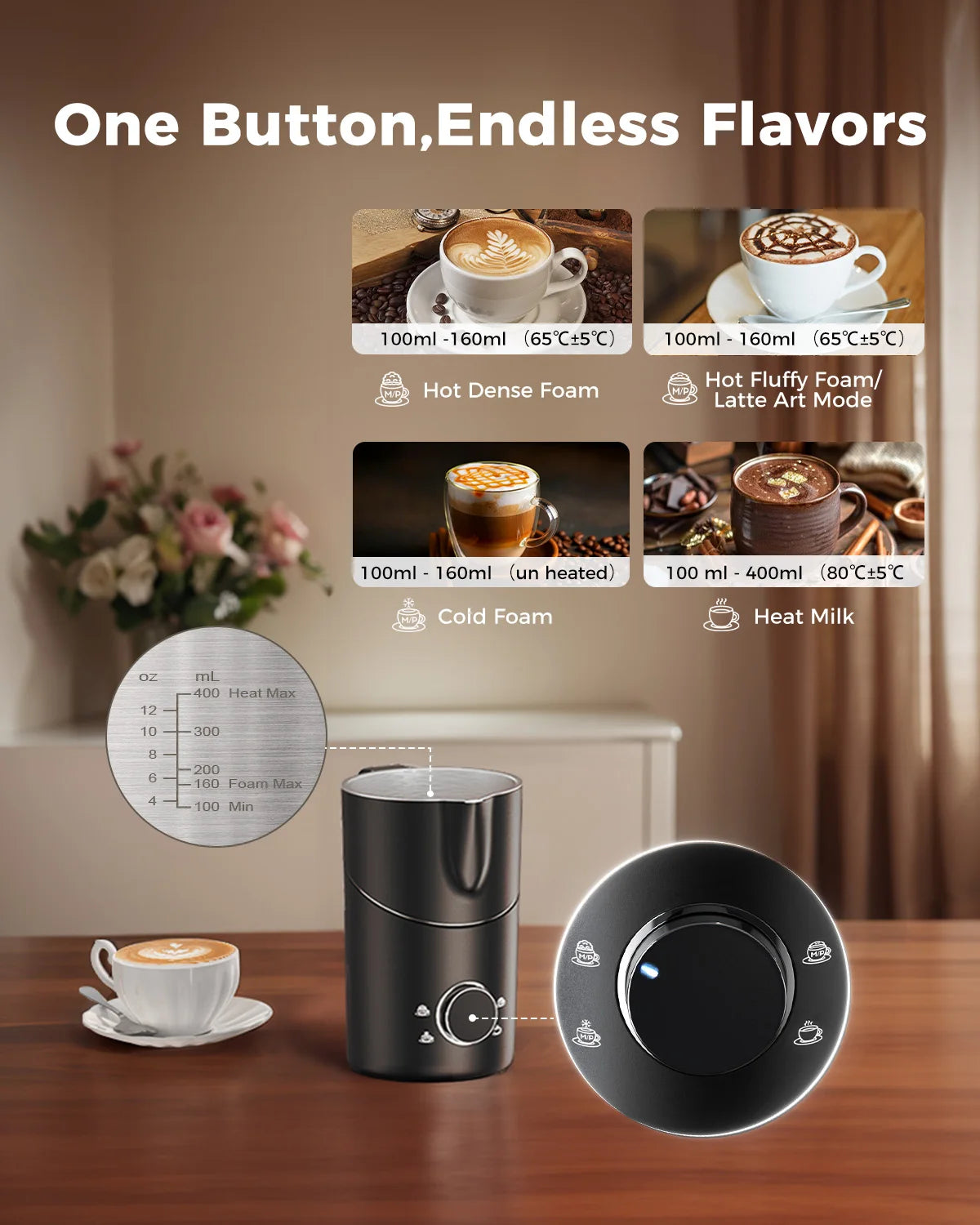 Milk Frother and Steamer 8-in-1 Electric Frother for Coffee, 400ml