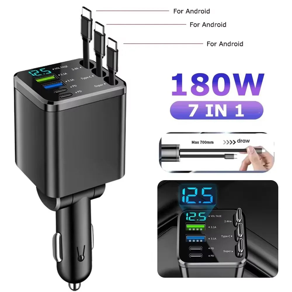 5 In 1 Car Charger 66W Max with Retractable Cable PD30W+2.4A