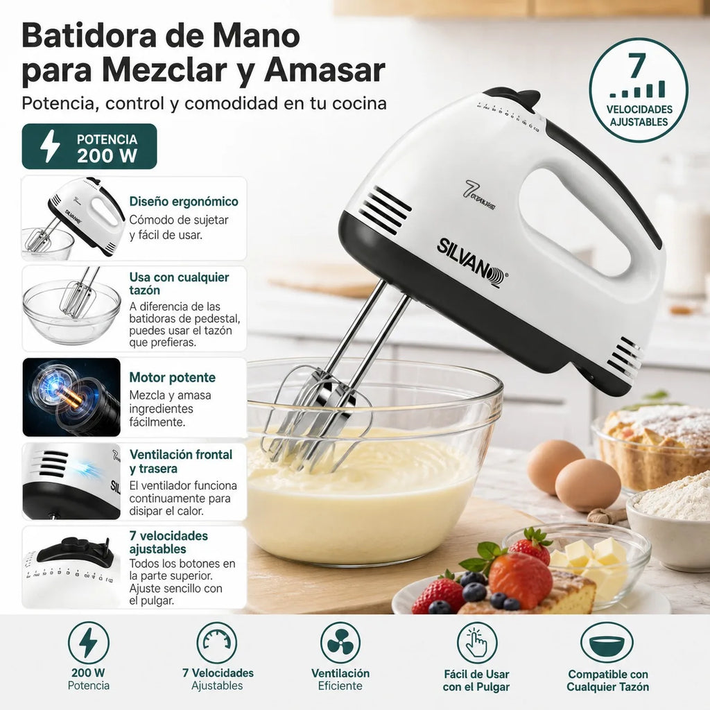 200W Electric Hand Mixer with 7 Adjustable Speeds, Stainless Steel Baking Dough Mixer