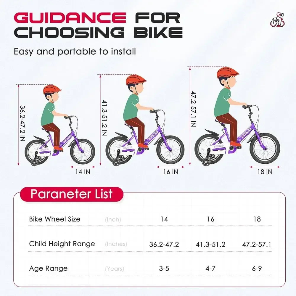 Children's 14-18 Inch Bikes with Training Wheels, LED Lights