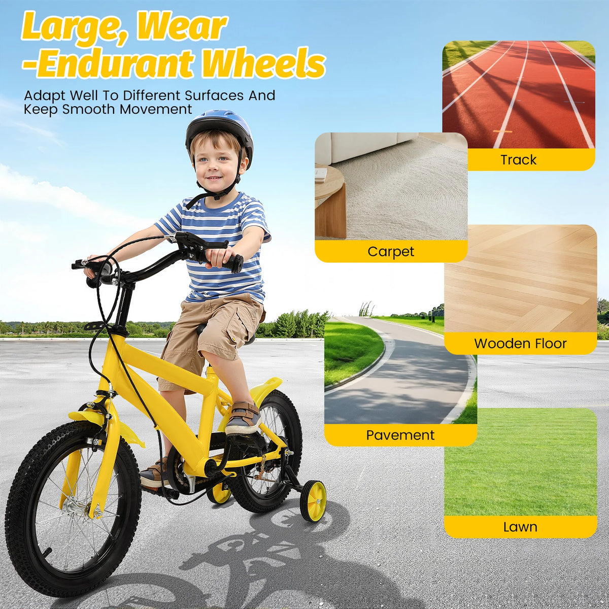 Yellow / White Children's Bicycle 14 Inch, Sturdy Lightweight Frame, Removable Training Wheels