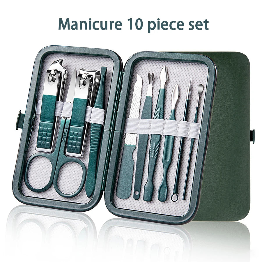 GreenStainlessSteel Nail Clippers Set-6-18 Nail Care Sets with Leather Storage Box-Professional Foot and Face Care Tool Set