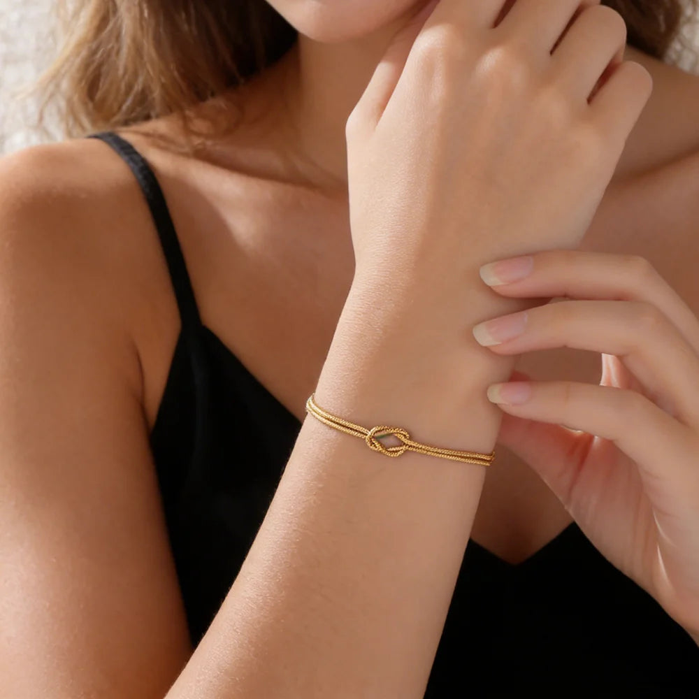 Skyrim Double Snake Chain Love Knot Bracelet Stainless Steel Gold Color Adjustable Bracelets Women Men Couple Minimalist Jewelry