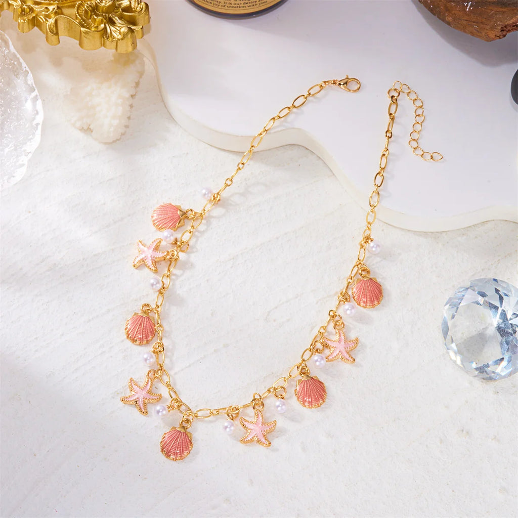 Boho Starfish Scallop Conch Pendant Necklace for Women Elegant Shell Pearl Tassel Metal Chain Choker Summer Beach Party Jewelry