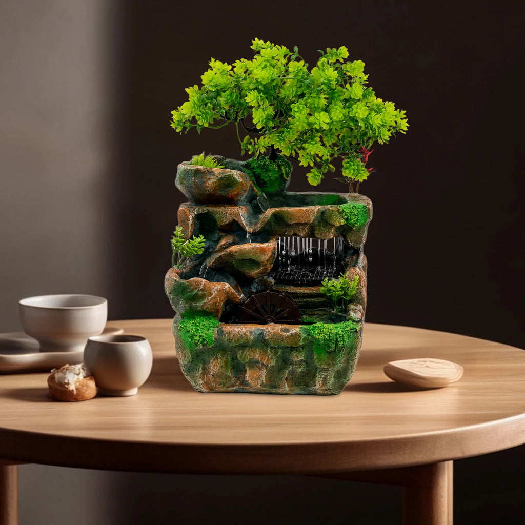 Resin Tabletop Water Fountain, Simulated Natural Landscape with LED Colorful Lights