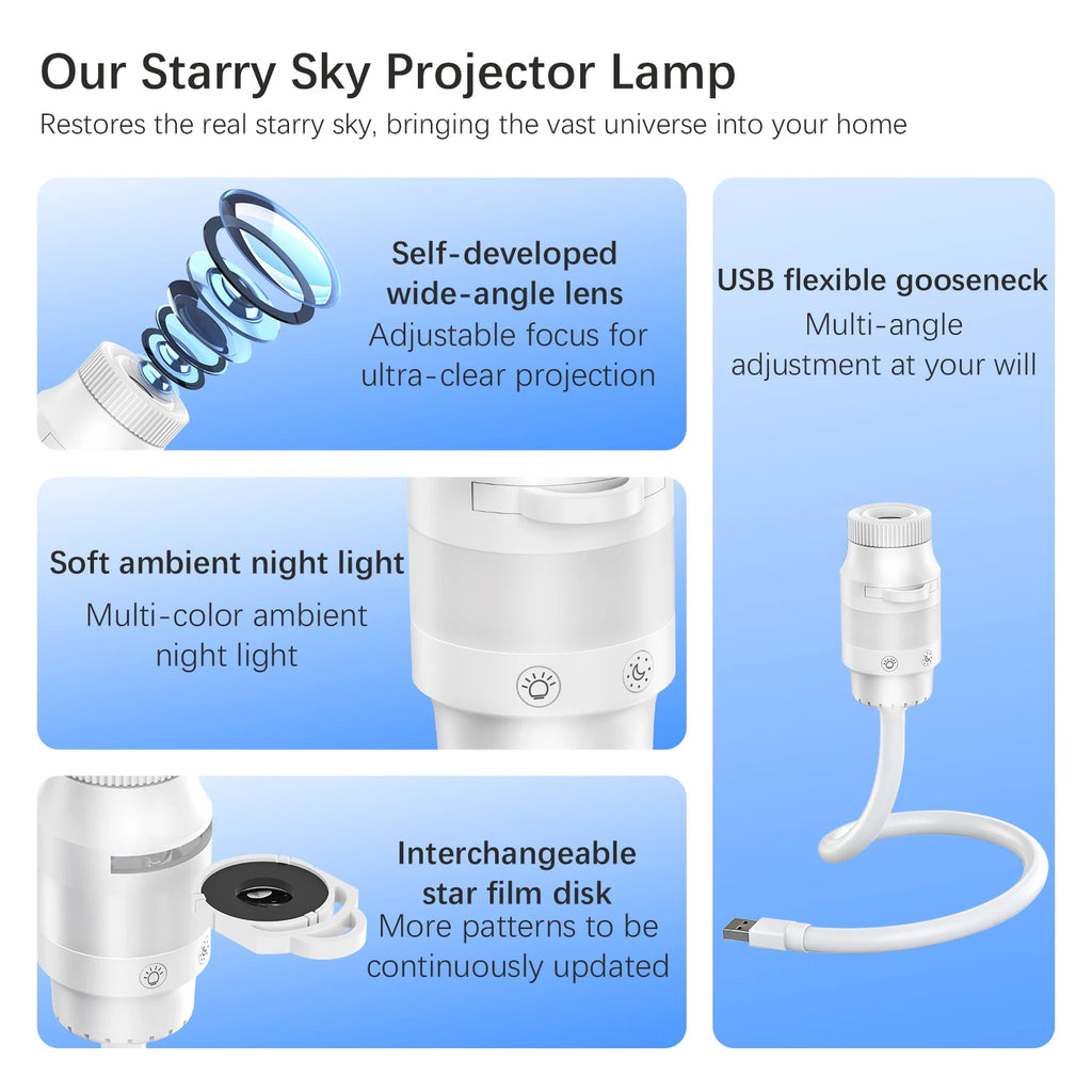 LiHangStar Smart USB Starry Sky Projector Night Light, with a Flexible Tube and 6 Projection Patterns