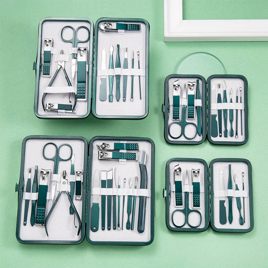 GreenStainlessSteel Nail Clippers Set-6-18 Nail Care Sets with Leather Storage Box-Professional Foot and Face Care Tool Set
