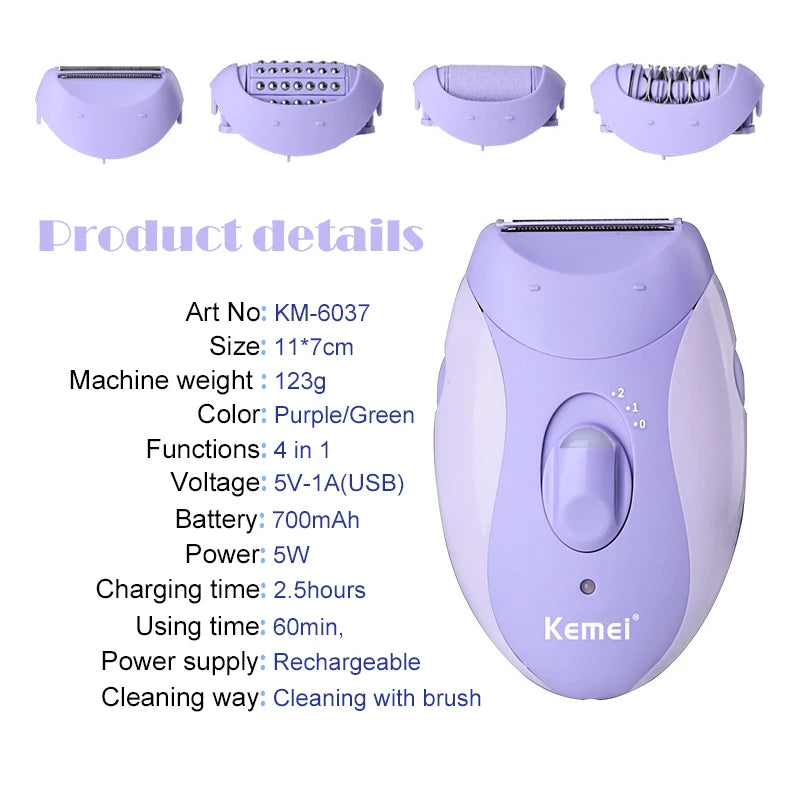 Kemei 6037 Lady Epilator 4 in 1  Women Shaver Female Shaving Machine Body Care
