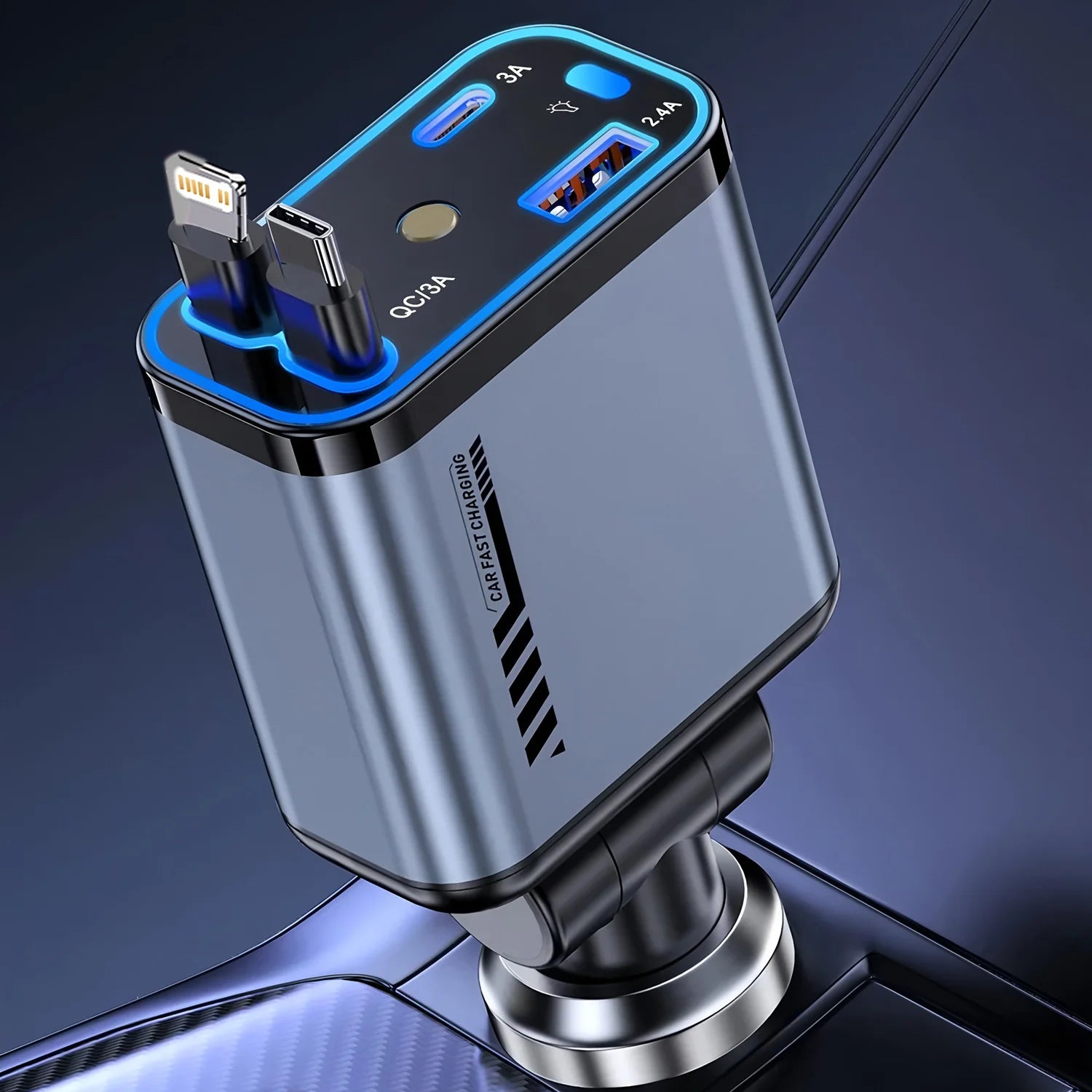 4 IN 1 Retractable Car Charger USB Type C Cable For IPhone Huawei Samsung Fast Charge Cord Cigarette Lighter Adapter