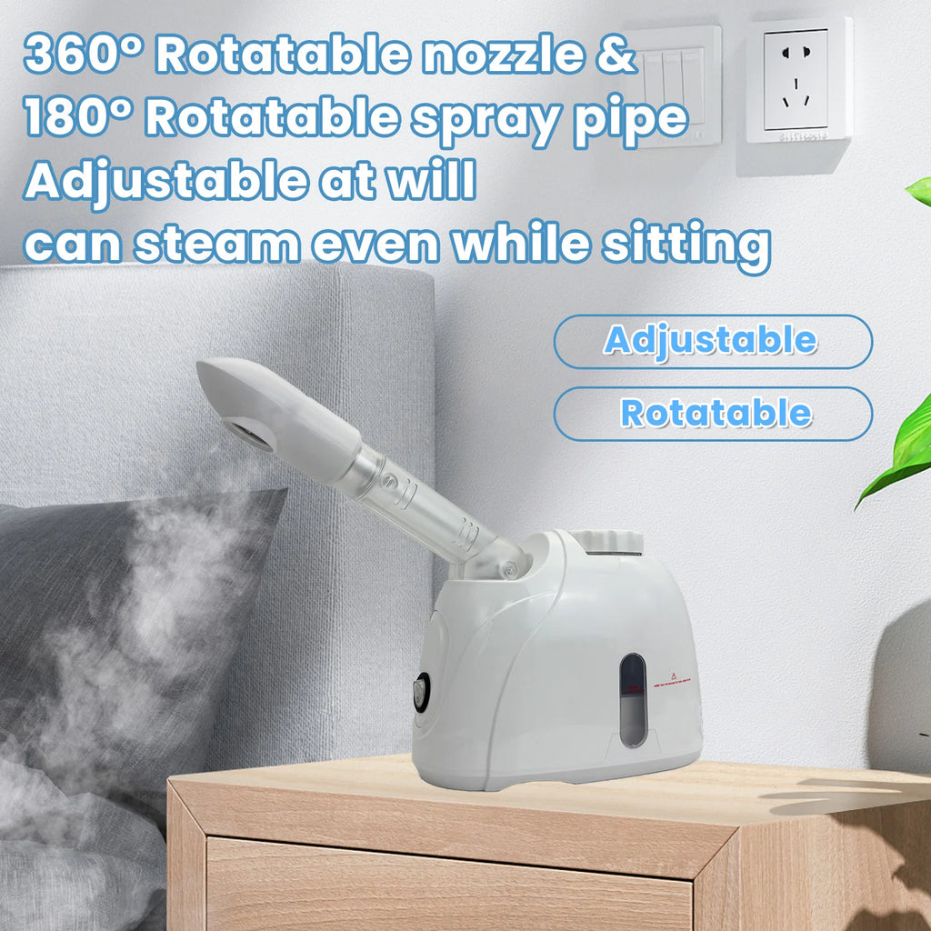 360° Rotatable Warm Mist Facial Steamer 100ml Water Tank Hot Steam Vaporizer Adjustable Spray Pipe Home Salon Spa Deep Pore Moisturizing Skin Care Machine