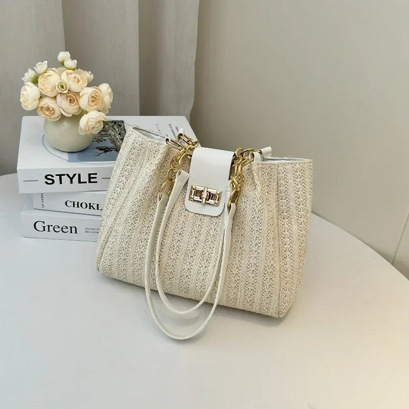 Grass Woven Patchwork Leather Korean Version Shoulder Bag Fashionable Women's Woven Handbag Suitable for Beach Parties Occasion