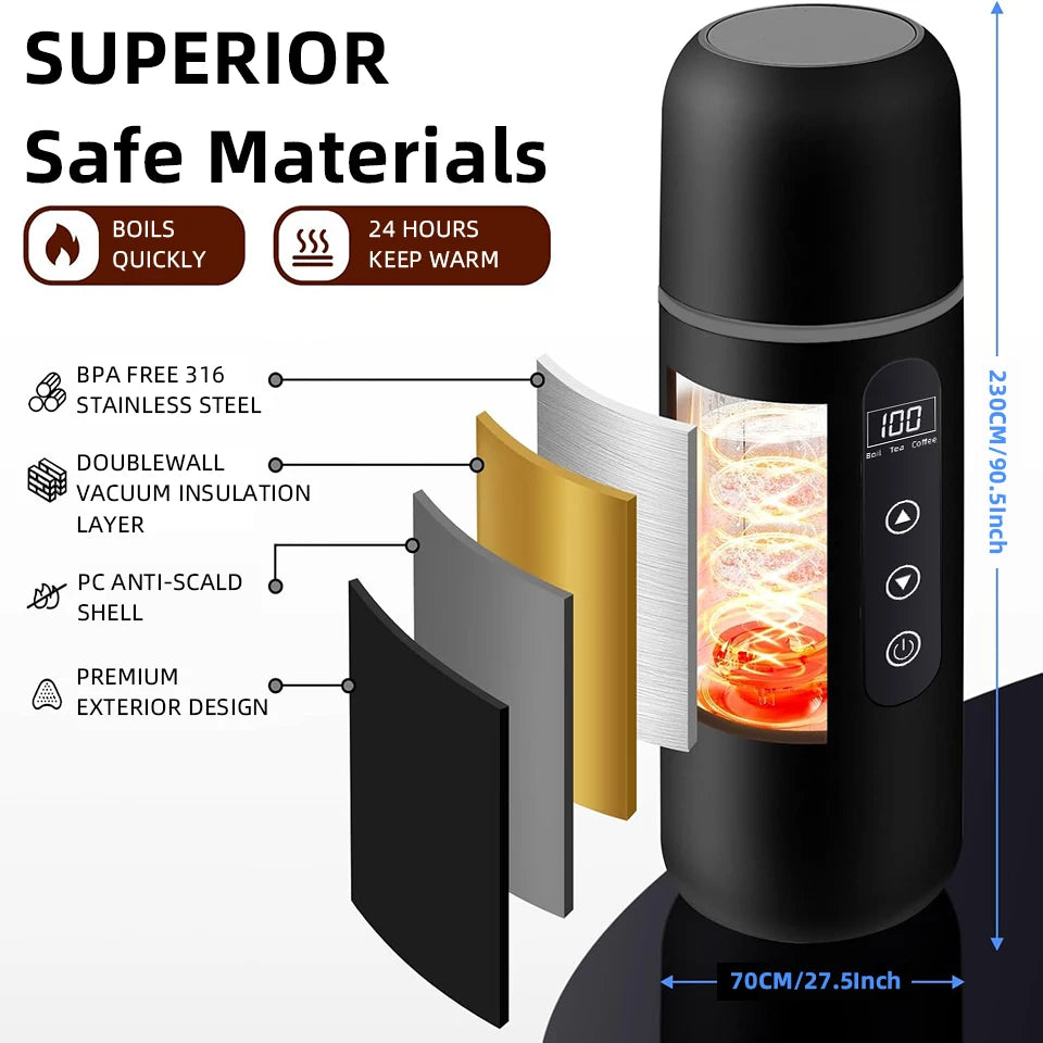 500ml Car Heating Cup 12V/24V Portable Electric Kettle Universal Thermal Cup Travel Kettle Stainless Intelligent Heating Kettle