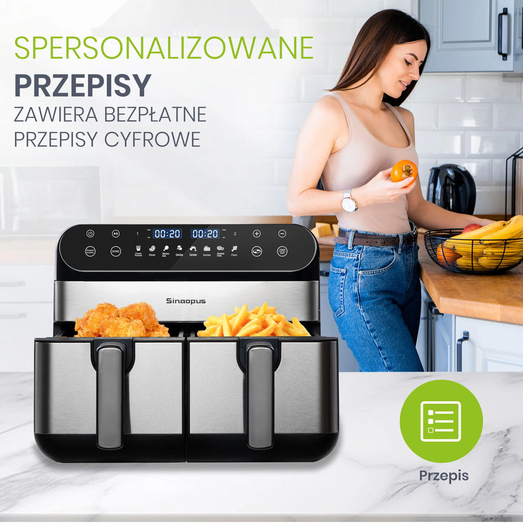 Sinaopus Air Fryer 2400W 10L XXL Dual Basket-LED Touch Screen Oil-Free Fryer, 8 Programs, Temperature Control, Oil-Free Air Oven
