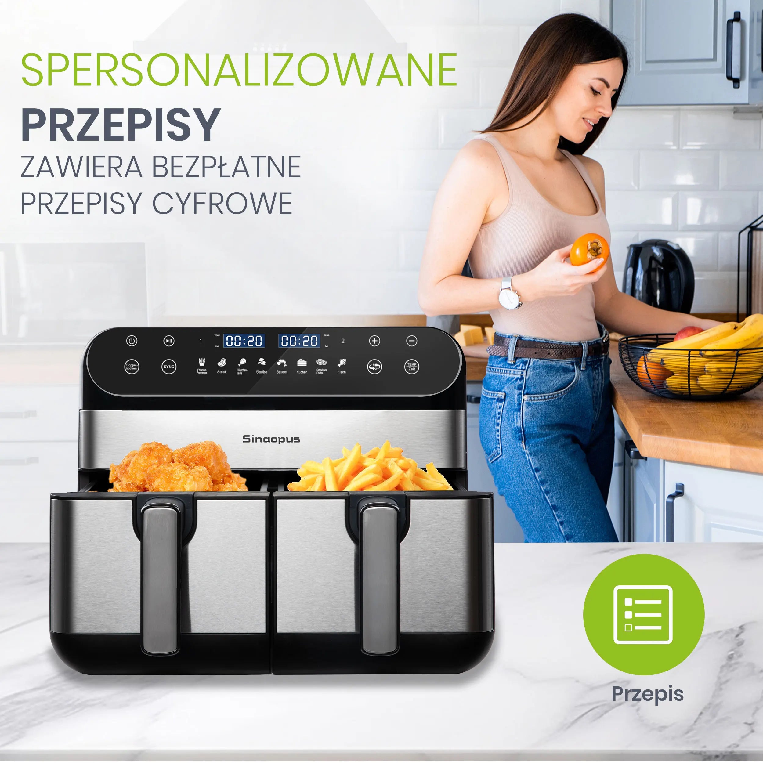 Sinaopus Air Fryer 2400W 10L XXL Dual Basket-LED Touch Screen Oil-Free Fryer, 8 Programs, Temperature Control, Oil-Free Air Oven