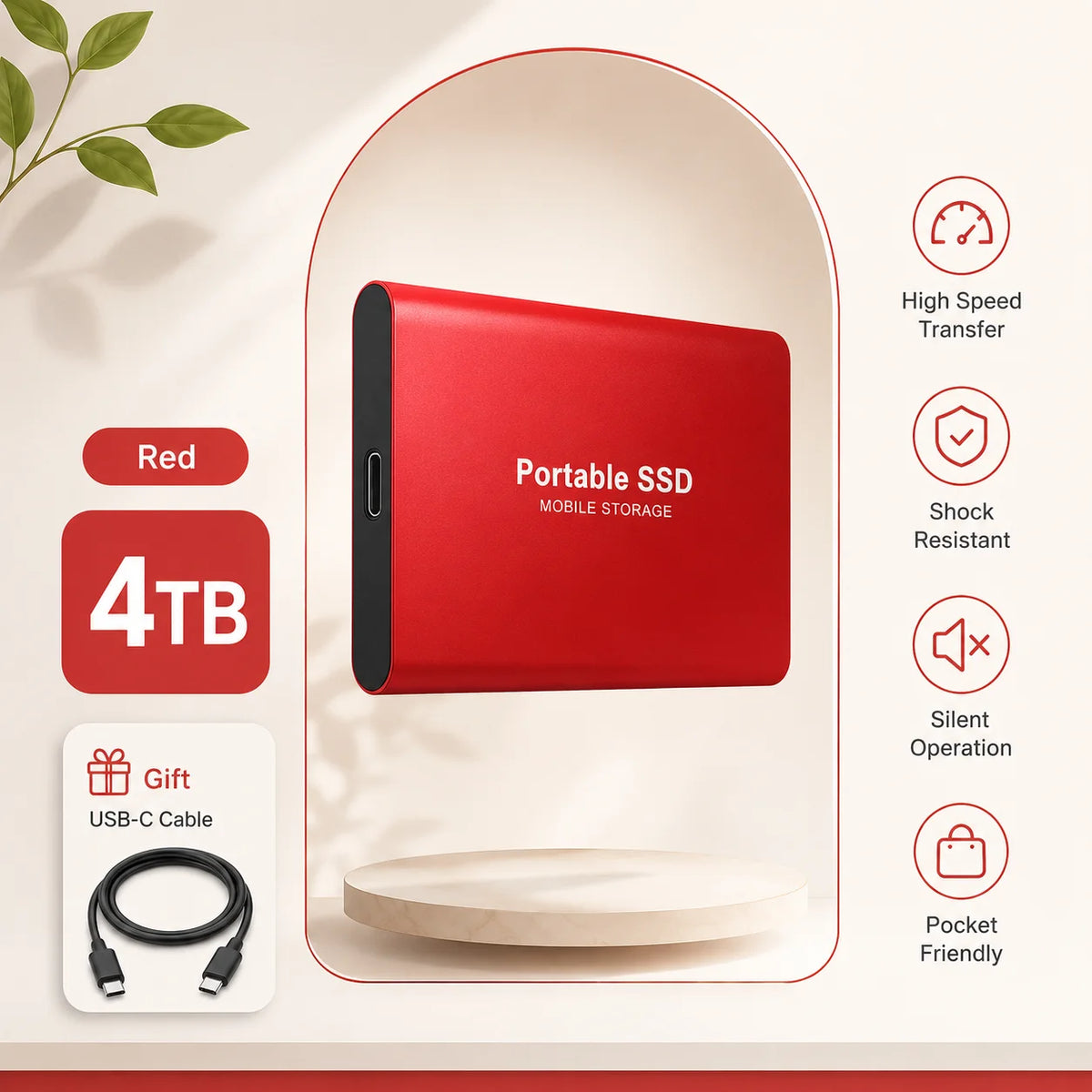 1TB 2TB Shockproof Portable External Hard Drive USB3.2 Type-C SSD
