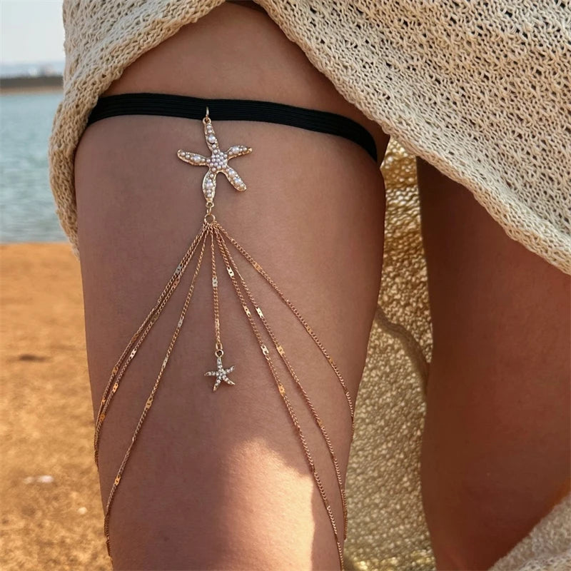 Sexy Multilayer Rhinestone Thigh Chain For Women Bling Zircon Long Tassel Starfish Pearl Leg Harness Summer Beach Body Jewelry
