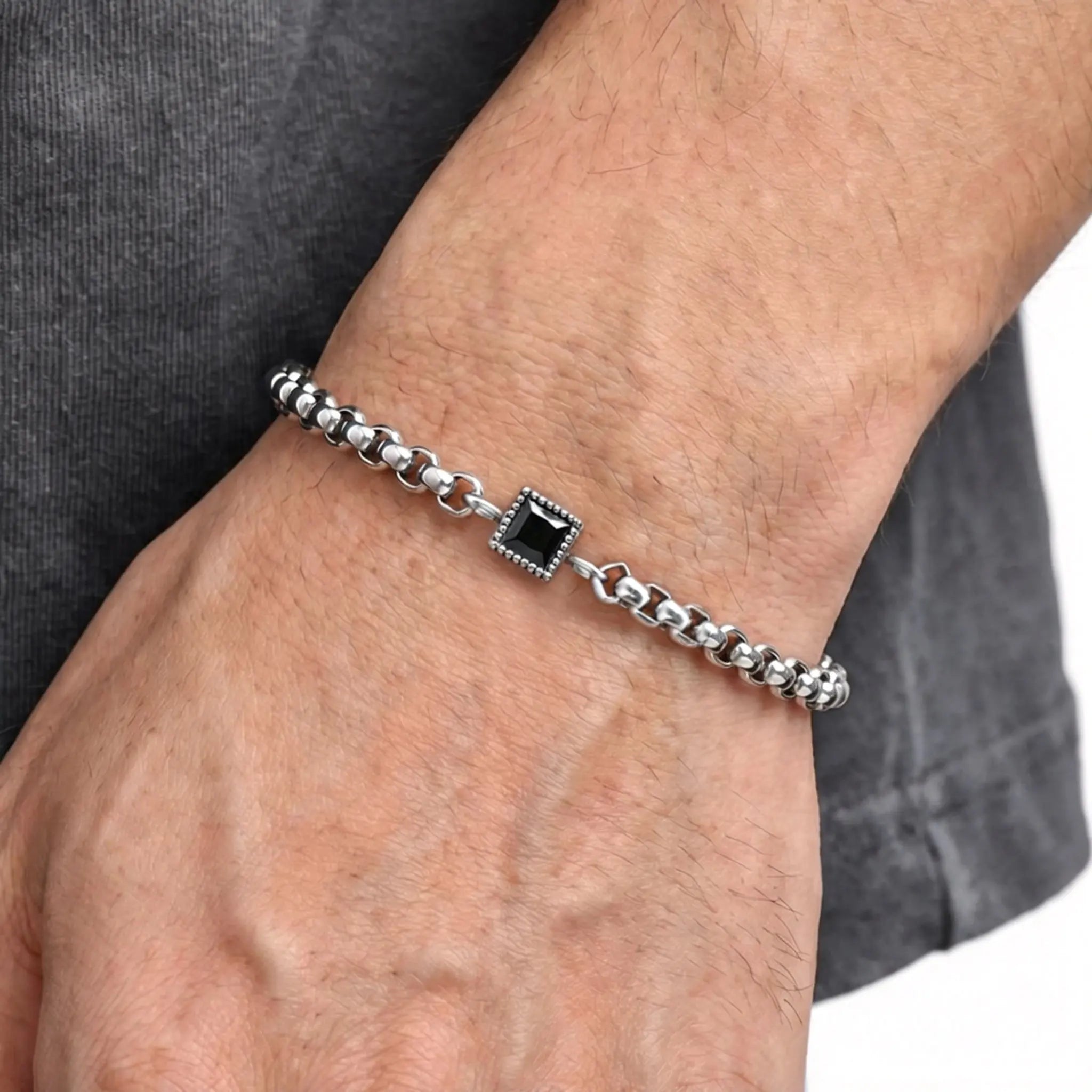 Square Blue Black Stone Bracelet for Men,Adjustable Stainless Steel Box Chain Wristband,Trendy Jewelry Gift for Him Dad