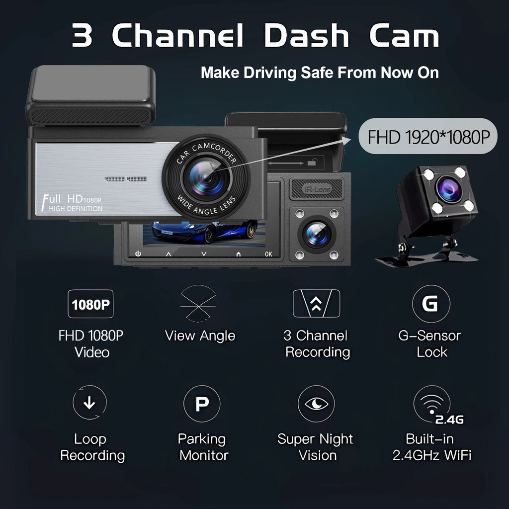 3 Channel WIFI Dash Cam 1080P Car Dvr Interior Vehicle Three Way Camera Mini DVRs