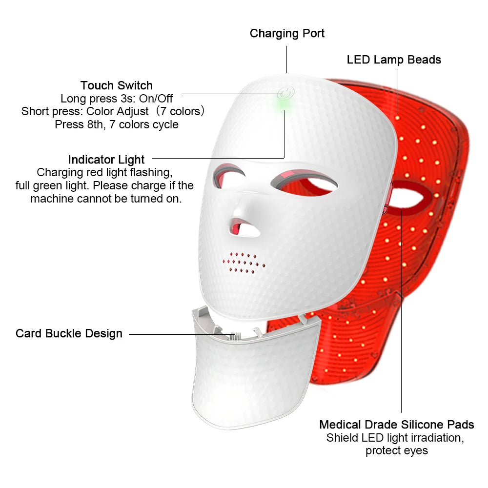 Wireless 7 Color Photon Face Neck Mask Red Light Anti Wrinkle
