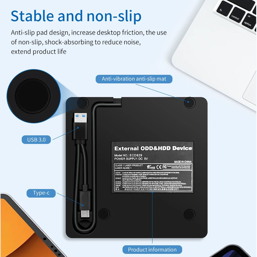 2 in 1 USB 3.0 Type C External DVD RW ROM CD Player Writer Reader Optical Drives for Laptop Desktop Computer Portable DVD Burner