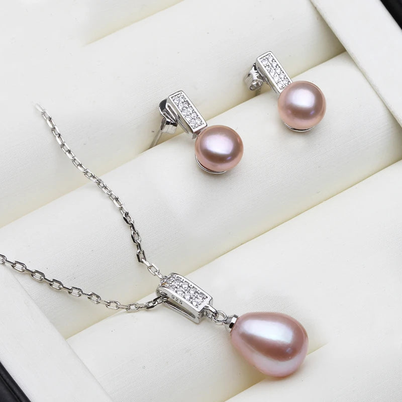 Real Natural Freshwater Pearl Necklace and Earrings Set Woman