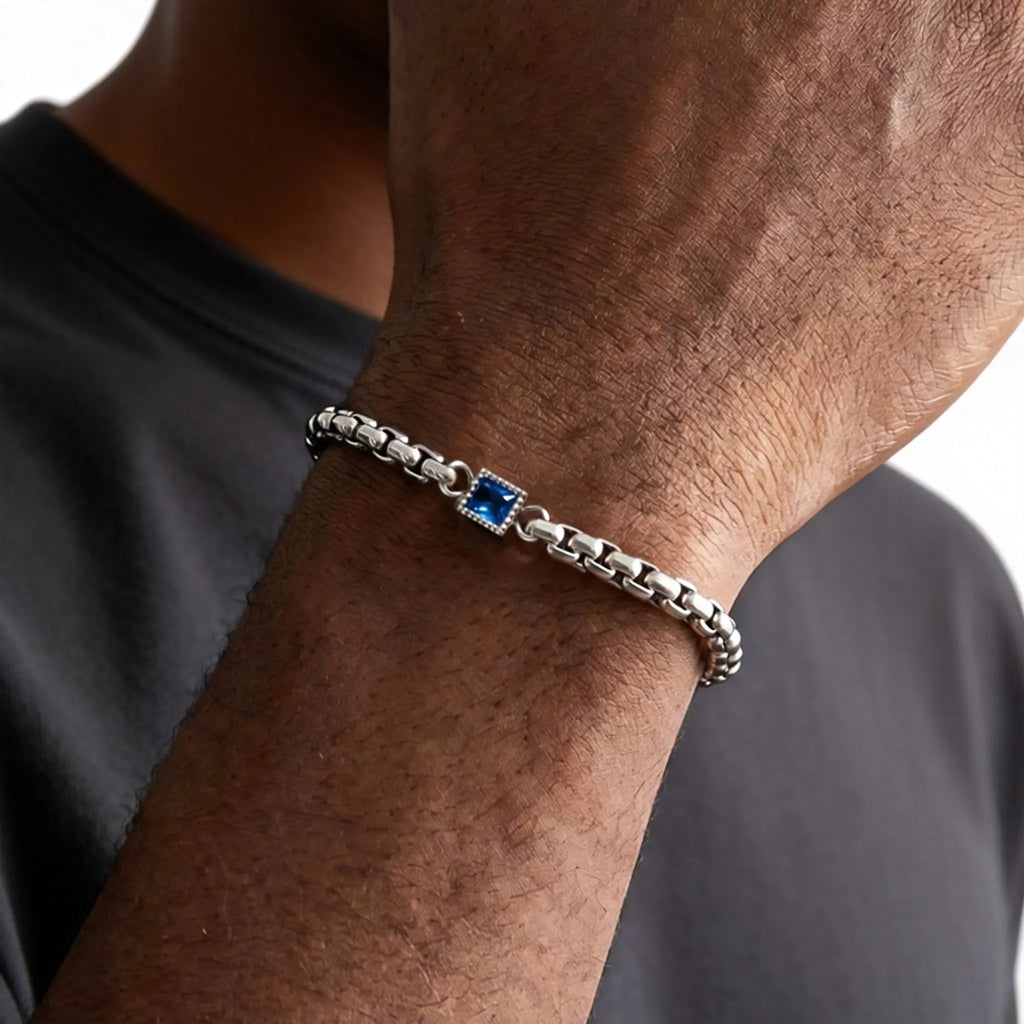 Square Blue Black Stone Bracelet for Men,Adjustable Stainless Steel Box Chain Wristband,Trendy Jewelry Gift for Him Dad