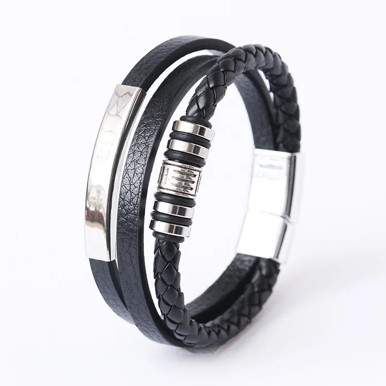 Trendy Leather Bracelets For Men Stainless Steel Bracelet 21CM Multilayer