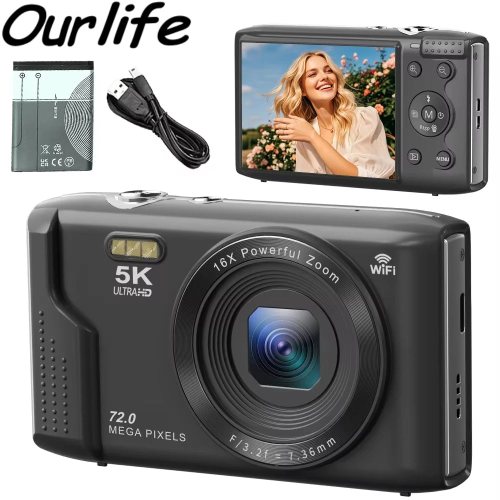 Ourlife Digital Camera 5K 72MP 2.8inch Screen 16X Zoom Vlogging Camera