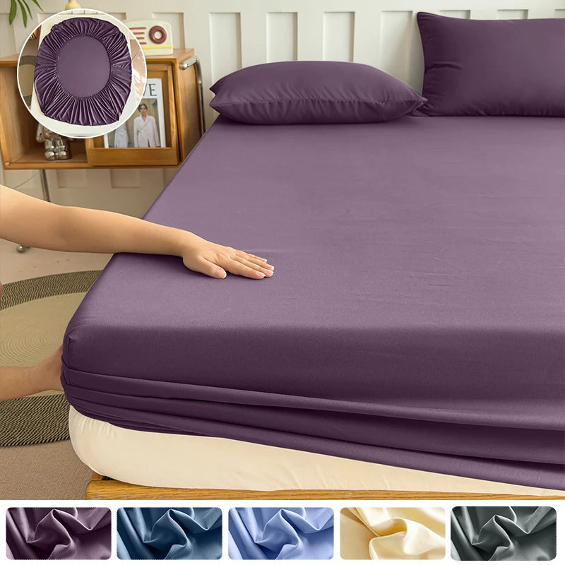 Fitted Bed Sheet with Elastic Band Solid Color Soft Mattress Cover